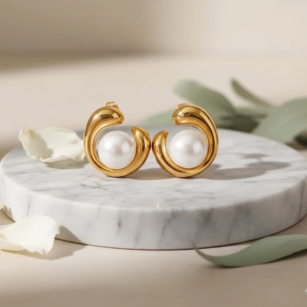 18K Gold Plated Stainless Steel Swirl Pearl Earrings Hypoallergenic Modern Studs